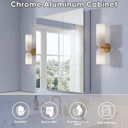 WELLFOR 32" x 36" Bathroom Medicine Cabinet with Mirror, Anodized Chrome Aluminum Frame, Surface Mount or Recessed Medicine Cabinet with Mirror, Bathroom Mirror with Storage, Double Doors
