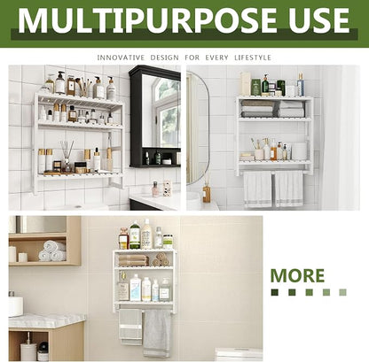 Galood Over The Toilet Storage Bathroom Shelves Wall Mounted 3 Tier White | Space Saver Corner Shelf Organizer Bamboo Towel Rack Toilet Paper Cabinet with Hanging Rod
