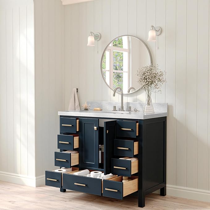 ARIEL Cambridge 42-inch Bathroom Vanity with Sink,Solid Wood, 1.5-inch Italian Carrara Marble Countertop, Single Oval Porcelain Sink, 2 Soft Closing Doors, 9 Dovetail Drawers, Midnight Blue