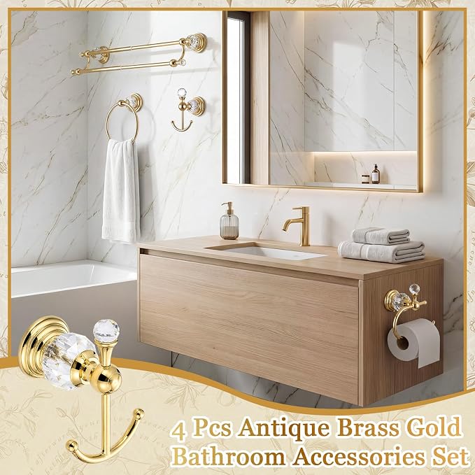 4 Pcs Polished Gold Crystal Bathroom Accessories Set with Adjustable Double Towel Bar & Towel Ring & Toilet Paper Holder & Robe Hook, Wall Mounted Bath Hardware Fixture Set (Style 10)