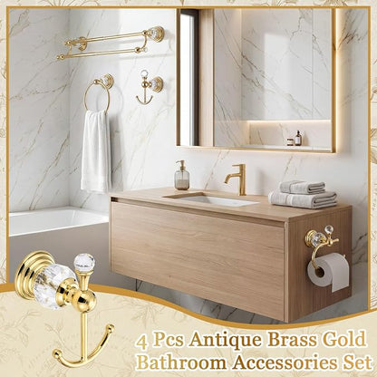4 Pcs Polished Gold Crystal Bathroom Accessories Set with Adjustable Double Towel Bar & Towel Ring & Toilet Paper Holder & Robe Hook, Wall Mounted Bath Hardware Fixture Set (Style 10)