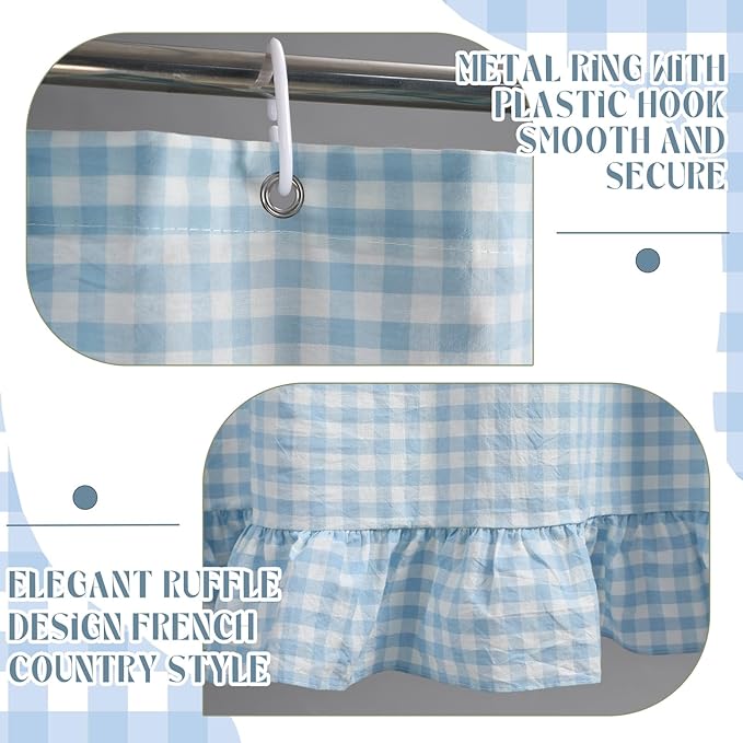 HunnmingRe Ruffled Gingham Shower Curtain Light Blue | 72'' x 72'' Vintage Farmhouse Curtain, Cotton Cottage Core Rural Checkered Plaid Decor, Fall Shower Curtain for Bathroom