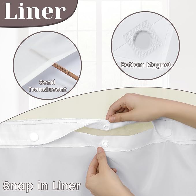 SORTTO No Hook Slub Shower Curtain with Liner, 71x74, Linen | Snap in Liner, 3 in 1, Bamboo Texture, Hotel Style, Waterproof Fabric, Mesh Top Window, Corner Magnets, Machine Washable