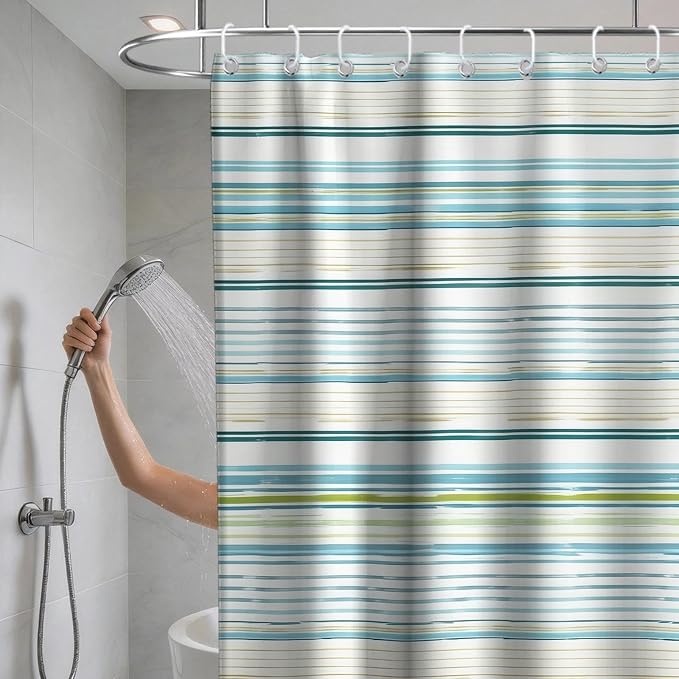 Neutral Modern Striped Shower Curtain Abstract Luxury Ocean Aesthetic | Rustic Shower Curtains for Bathroom, Waterproof Bath Curtain with Hooks Machine Washable Bathtub Curtains 72x78 Inch Blue