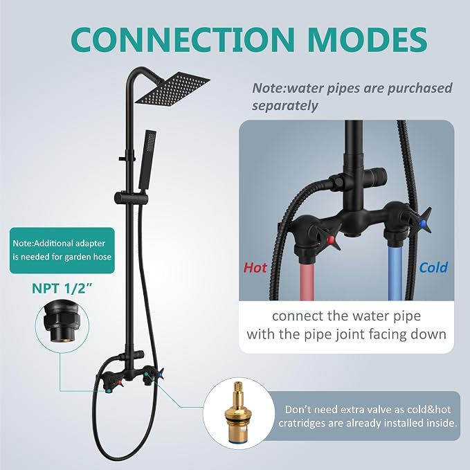 Aolemi Outdoor Shower Kit with Handheld,Square Rain Shower,Matte Black | 2-Handle Hot and Cold Control, Adjustable Height, 6-Inch Center Valve, 59-Inch Hose, Winter Drainage Outdoor Shower Fixtures