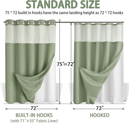 No Hook Shower Curtain and Liner Set,Sage Green Hotel Waffle Shower Curtain with Liner 75" L x 72" W,White Ring | Washable Snap in Fabric Liner, Mesh Top Window, Waffle Hotel Style Shower Curtain Set