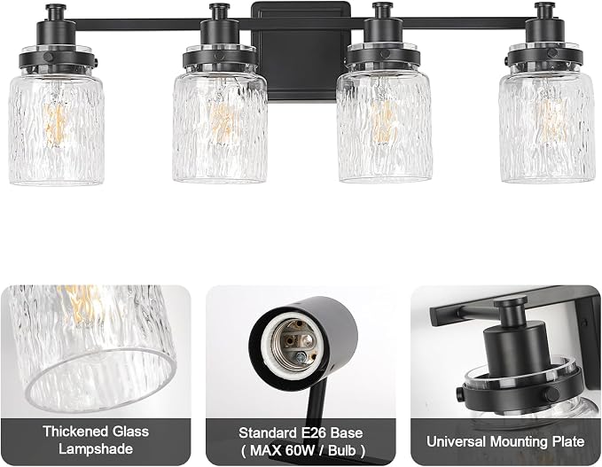 4 Light Bathroom Light Fixtures Farmhouse Black Vanity Lights | ETL Certificate, Easy to Install,Wall Mount Up or Down,Hammered Glass Lampshade,E26 Socket,Hardwired,120V