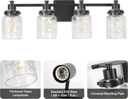 4 Light Bathroom Light Fixtures Farmhouse Black Vanity Lights | ETL Certificate, Easy to Install,Wall Mount Up or Down,Hammered Glass Lampshade,E26 Socket,Hardwired,120V