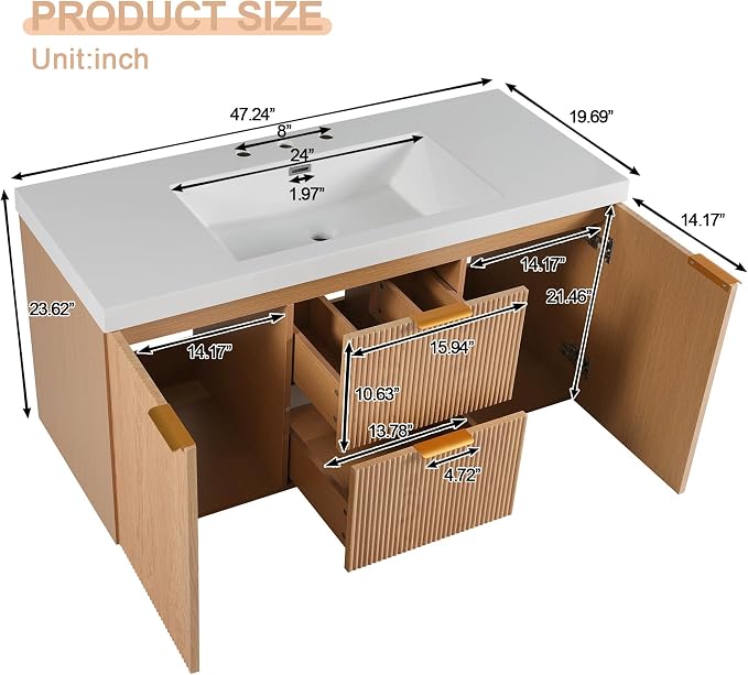 48'' Floating Bathroom Vanity with Sink, Wall-Mounted Cabinet | Painted Surface Wall Mounted Bathroom Vanity Cabinet, Soft Closing System, SMC Vanity Top for Hotels, Office Buildings