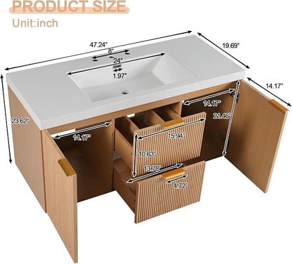 48'' Floating Bathroom Vanity with Sink, Wall-Mounted Cabinet | Painted Surface Wall Mounted Bathroom Vanity Cabinet, Soft Closing System, SMC Vanity Top for Hotels, Office Buildings