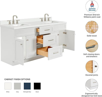 DKB Bradford 72 Inch Bathroom Vanity Double Sink — White Bathroom Vanity with Sink, 1.5" Edge Pure White Quartz Countertop & Backsplash, 4 Soft-Close Doors, and 3 Dovetail Drawers
