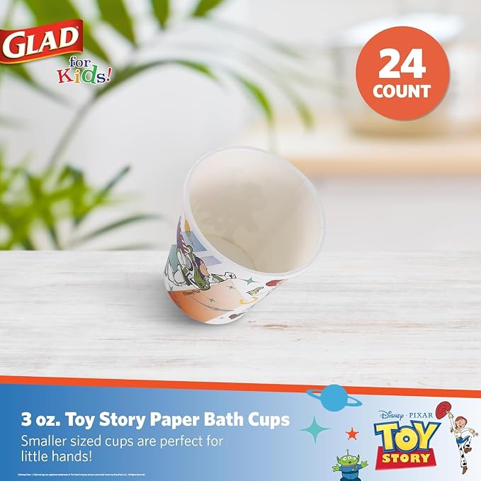 Glad for Kids Disney Pixar Toy Story Mini Paper Cups, 3 Oz, 24 Count, 12-Pk | Soak-proof bathroom rinse cups sized for little hands; colorful Toy Story characters