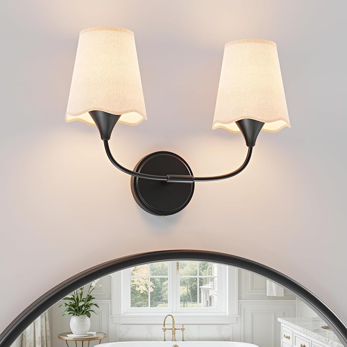 Morauroral Bathroom Light Fixtures Over Mirror, 2 Light Vanity Light for Bathroom, Black Vanity Light Fixtures with Fabric Linen Shade, E26 Socket Sconce Wall Decor(ETL Listed)