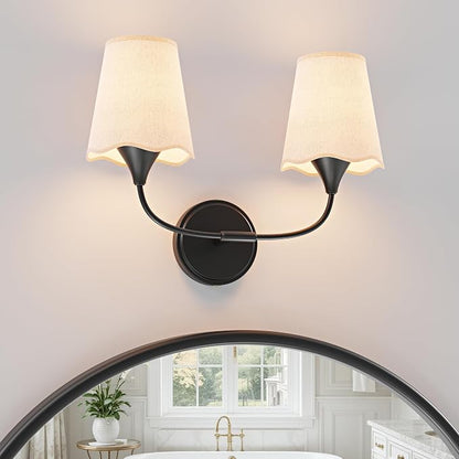 Morauroral Bathroom Light Fixtures Over Mirror, 2 Light Vanity Light for Bathroom, Black Vanity Light Fixtures with Fabric Linen Shade, E26 Socket Sconce Wall Decor(ETL Listed)