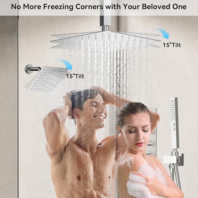 Shower Faucet Set,Thermostatic Shower System,12 Inch Ceiling Mounted and 6 Inch Wall Mount Rain Shower Head with 2 in 1 Handhled,High Pressure Dual Shower Head Combo Set