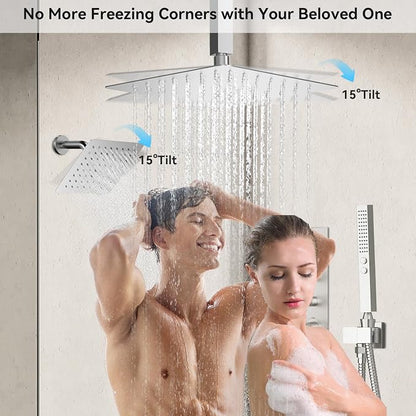 Shower Faucet Set,Thermostatic Shower System,12 Inch Ceiling Mounted and 6 Inch Wall Mount Rain Shower Head with 2 in 1 Handhled,High Pressure Dual Shower Head Combo Set