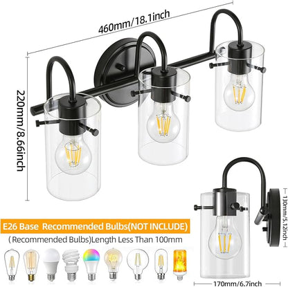 3 Lights Vanity Lights, Matte Black Bathroom Wall Light Fixtures over Mirror, Modern Wall Sconce with Clear Glass Shade, Farmhouse Wall Mount Porch Wall Lamp for Mirror, Kitchen, Living Room, Workshop