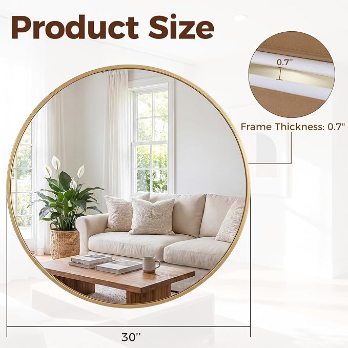 NEWBULIG 30 Inch Round Wall Mirror, Bathroom Mirrors for Over Sink | Metal Framed Circle Vanity Mirror, Wall Decor for Bedroom, Entryway, Anti-Rust, Tempered Glass, Hanging or Leaning, Gold