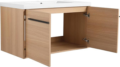 Henf 36 inch Bathroom Vanity with Sink, Wall Mounted Solid Wood Bathroom Vanities with White Integrated Sink and Storage Cabinet,Floating Modern 2 Doors Bathroom Cabinet Set with Black Handle,Oak