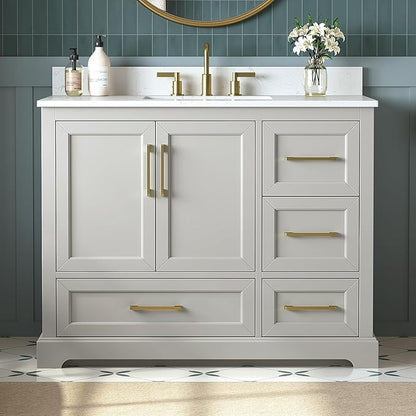 42 Inch Bathroom Vanity with Sink Combo, Solid Wood Frame with Stone Top & Backspalsh, Fully-Assembled with Soft-Closing Doors & 4 Drawers, Greige