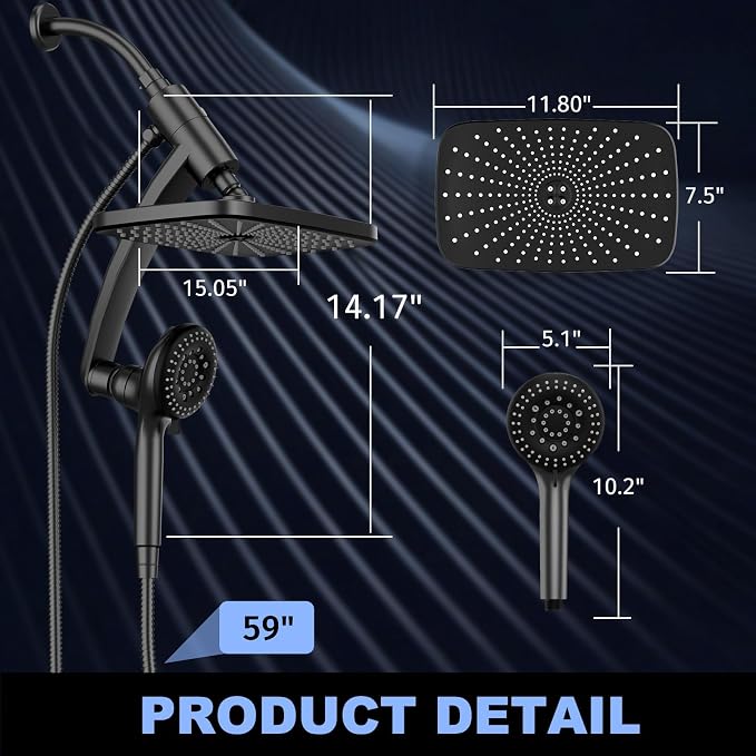12 Inch High Pressure Rainfall Shower Head Combo,9 Settings Handheld Shower | Height/Angle Adjustable, 3 Spray Modes, Anti-leak, Built-in Magnetic Docking,Washing Jets,Holder, 59" Shower Hose, 1.75GPM