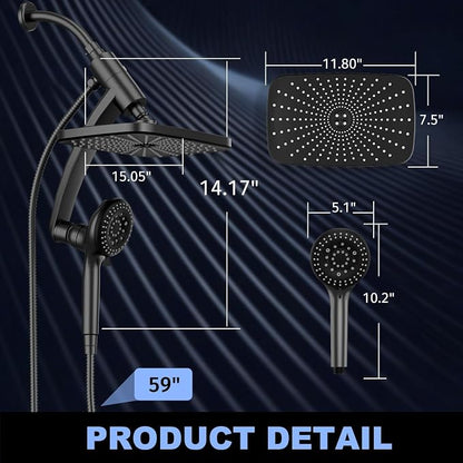 12 Inch High Pressure Rainfall Shower Head Combo,9 Settings Handheld Shower | Height/Angle Adjustable, 3 Spray Modes, Anti-leak, Built-in Magnetic Docking,Washing Jets,Holder, 59" Shower Hose, 1.75GPM