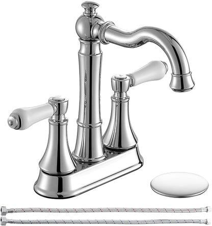 Porcelain 2-Handle Polished Chrome Bathroom Faucet 4" Centerset | with Plastic Pop-up Drain and Two 23.6" Supply Lines, Classical 4" Bath Vanity Sink Faucets for 2/3-Hole Sinks, Brass Spout