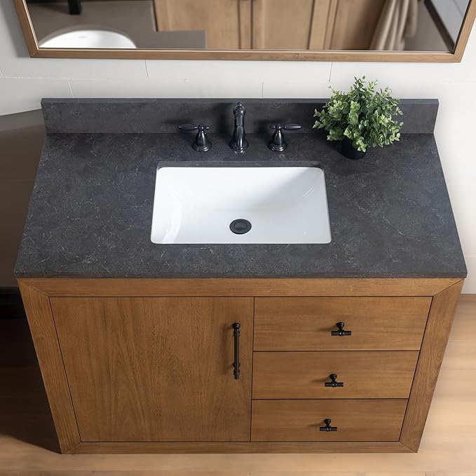 Vanity Art 42" Bathroom Vanity with Sink, Solid Poplar Wood, Vanity Cabinet with Doors and Shelf, Modern Wood Bathroom Vanity with Black Marble Top, 3 Right Functioning Drawer, VA70-42-T-B
