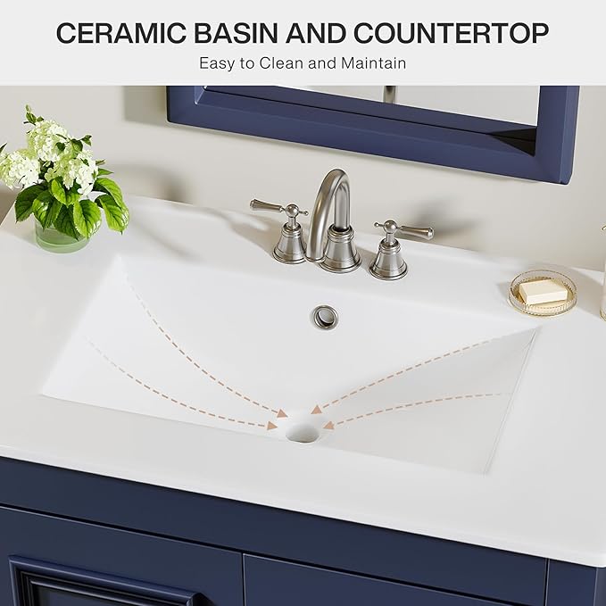 Tribesigns 30" Modern Bathroom Vanity with Sink, Freestanding Bathroom Vanities Cabinet with Ceramic Basin Combo, Bathroom Sink Cabinet with 2 Doors and 1 Drawer, Solid Wooden Frame, Navy Blue