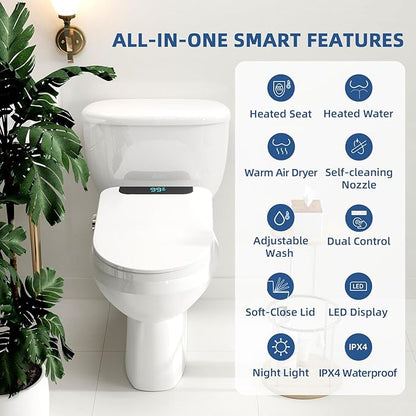 Electric Bidet Toilet Seat Round - Smart Heated Toilet Seat with Remote Control, Instant Warm Water, Self-Cleaning Nozzle, Warm Air Dryer, Feminine Wash, Soft Close, LED Display