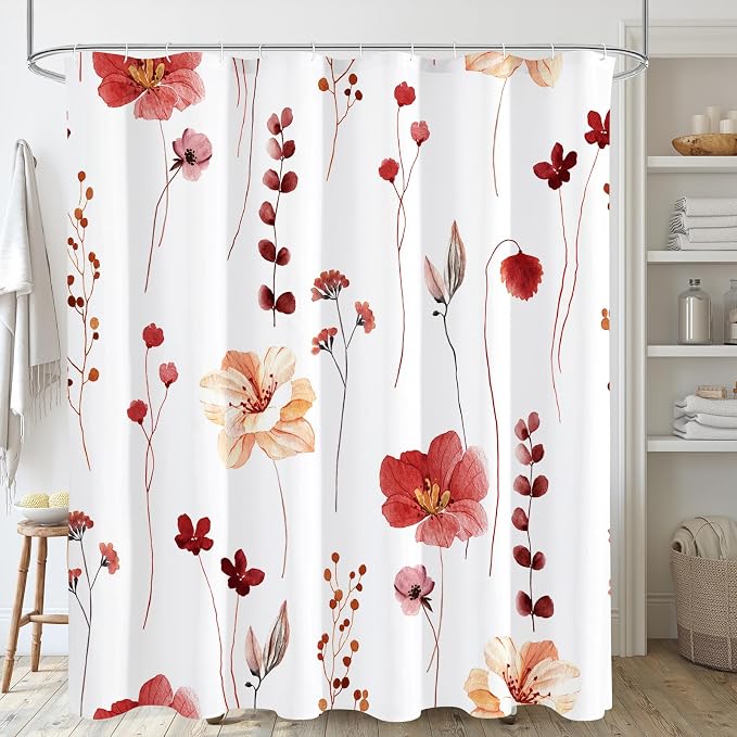 Red Linen Shower Curtain, Floral Curtain for Bathroom, 72x72 | Waterproof Fabric, Modern Minimalist Floral Print, Machine Washable, Rustproof Grommets, for Bathroom Home