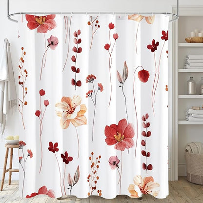 Red Linen Shower Curtain, Floral Curtain for Bathroom, 72x72 | Waterproof Fabric, Modern Minimalist Floral Print, Machine Washable, Rustproof Grommets, for Bathroom Home