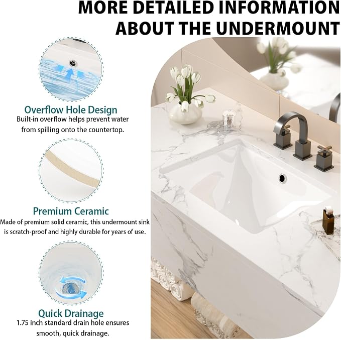20-1/4“x15-1/8” White Ceramic Undermount bathroom sink | Under Counter Lavatory Vanity Sinks Basin for Bathroom