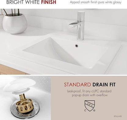 Stylish 21" White Porcelain Top-Mount Bathroom Sink, Rectangular Basin with Overflow Caps, High-Gloss Finish, cUPC Certified, Fits 22″ Cabinets, P-211H