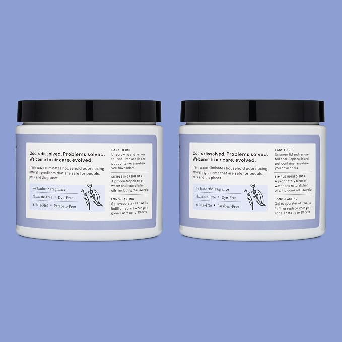 Fresh Wave Lavender Odor Eliminator Gel 2Pk 15 oz - Air Freshener for Home | Lasts 30-60 days. Plant-based odor absorber. No perfumes or harsh chemicals. Bathroom & closet deoderizer. Refills available.