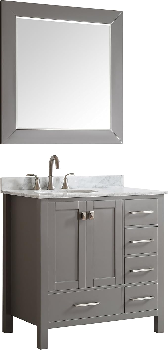 Eviva Aberdeen Grey BathVanity with Sink - 36 Inch Solid Wood Vanity Set -Bathroom Sink Cabinet - Contemporary Small Bath Vanity with Premium Countertop - Freestanding Bathroom Vanity