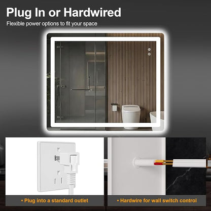 LED Bathroom Mirror with Lights, 30 x 36 Lighted Vanity Wall Mirror | Backlit and Frontlit, Anti-Fog, Dimmable 3 Colors, Shatter-Proof Tempered Glass, Memory Function, Plug-in/Hardwired