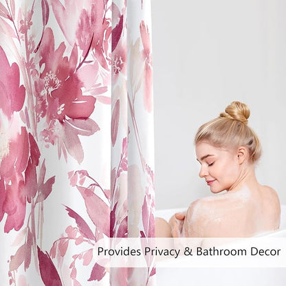 MAYZUS Pink Watercolor Floral Shower Curtains for Bathroom, Hot Pink, 72x72 | Modern Abstract Flower Decorative Fabric Shower Curtain Set with Hooks
