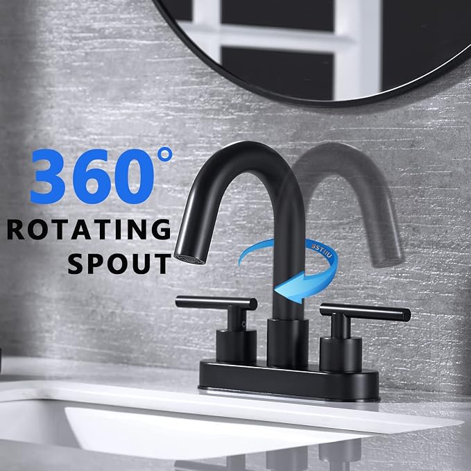 Black Bathroom Faucet, BSTIIU Centerset Sink Faucets for 3 Hole Sink, 4 Inch 2 Handle RV Vanity Faucet with Metal Overflow Pop Up Drain and cUPC Water Supply Lines, Matte Black