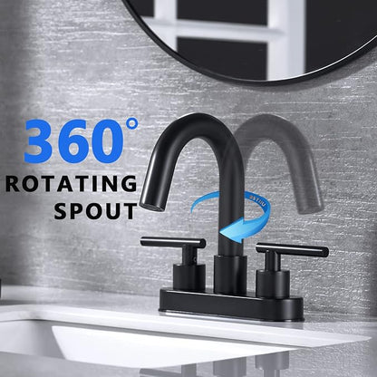 Black Bathroom Faucet, BSTIIU Centerset Sink Faucets for 3 Hole Sink, 4 Inch 2 Handle RV Vanity Faucet with Metal Overflow Pop Up Drain and cUPC Water Supply Lines, Matte Black