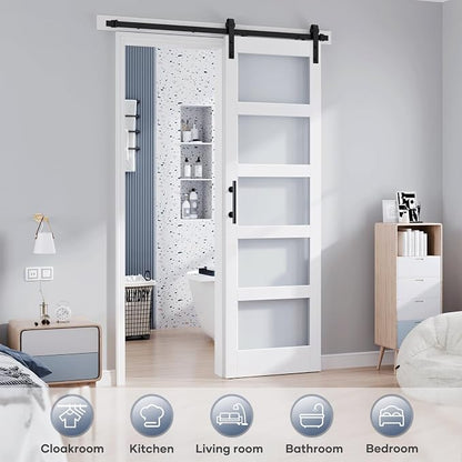 30x96 Inch Glass Sliding Barn Door Slab and 5.5ft Hardware Kit Included, 5 Frosted Glass, LVL Wood Panel Covered with White Water-Proof Scratch-Proof PVC Surface, Simple DIY Assembly