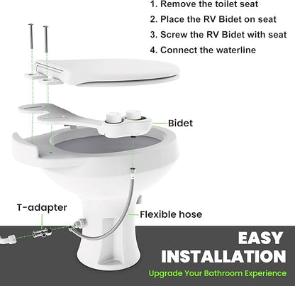 RV Bidet for Camper Toilet, Non-Electric Toilet Sprayer Attachment with Dual Nozzles, Adjustable Pressure, Front/Rear/Self Cleaning, Upgrade for Trailer, Motorhome, RV Bathroom (White-Black)