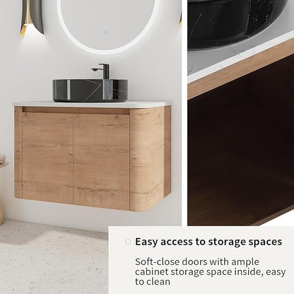 LKTART 30 Inch Floating Bathroom Vanity with Sink, Modern Wall Mounted Bathroom with Soft Close Door, Black Stone Round Ceramic Basin and Sintered Stone Top