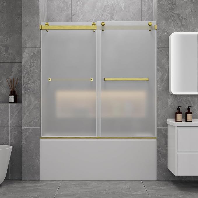 Frameless Shower Door,Frosted Sliding Shower Door for Bathtub, 56-60" W x 60" H-1/4” (6mm), 304 Stainless Steel Hardware, Nano Easy-Clean Glass, Quiet Rollers, Gold