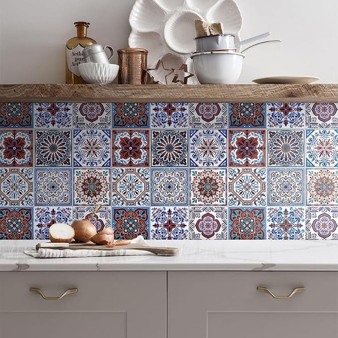 DICOFUN 32 Colorful Talavera Mexican Tile Peel and Stick Backsplash, 6" x 6" Waterproof Stick on Wall Tiles (Style 7)
