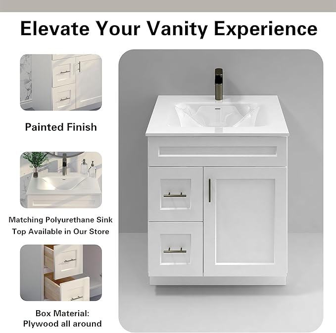 30" Shaker Bathroom Vanity Sink Base with Drawers (Ready-to-Assemble) (Vanity Base in White Shaker)