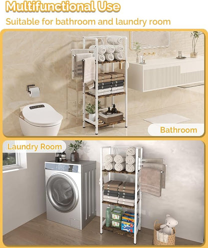 Mondazie Towel Racks for Bathroom Storage Shelves Free Standing, White | 3-Tier Bathroom Towel Rack with 3 Rotating Bars, Pool Towel Holder Stand with Detachable Dividers & 8 Hooks for Poolside