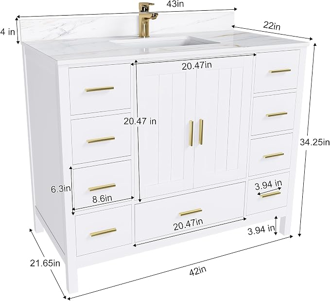 42 Inch Bathroom Vanity with Sink&Countertop,Calacatta Gold Sintered Stone Vanity Top with Sink&Backsplash,White Bathroom Cabinet Set with 2 Doors and 9 Drawer(Single Hole)