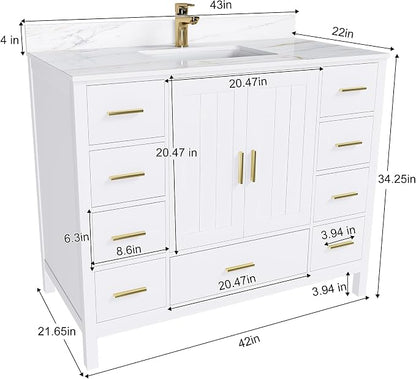 42 Inch Bathroom Vanity with Sink&Countertop,Calacatta Gold Sintered Stone Vanity Top with Sink&Backsplash,White Bathroom Cabinet Set with 2 Doors and 9 Drawer(Single Hole)