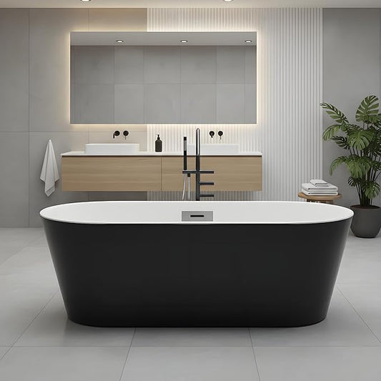 Freestanding Bathtub 59 inch, Acrylic Freestanding Bathtub 59 inch Black & White, Acrylic Stand Alone Tub with Integrated Overflow and Chrome Drain, Modern Free Standing Tub for Bathroom